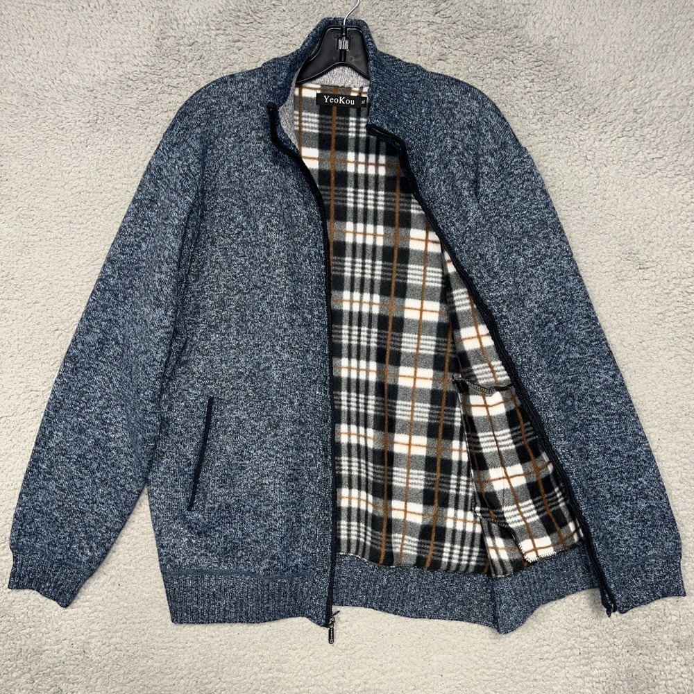 YeoKou Sweater Men's XL Gray Cashmere‎ Wool Blend Flannel Lined Cardigan Jacket